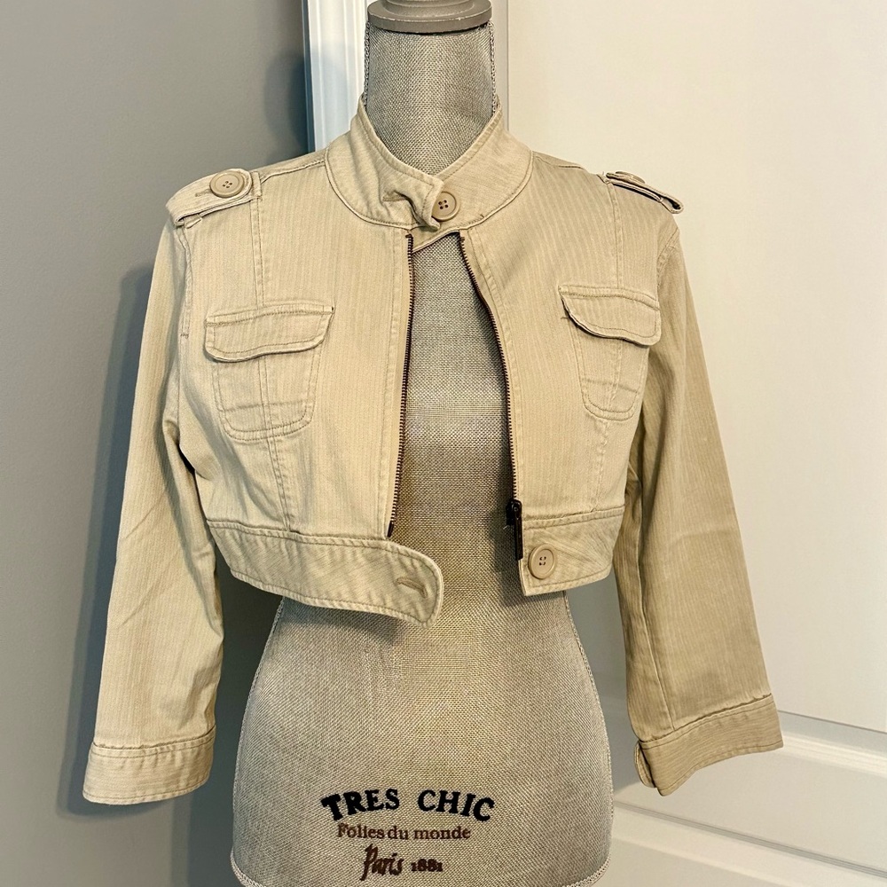 Refuge Khaki Denim Cropped Moto Jacket, sz L